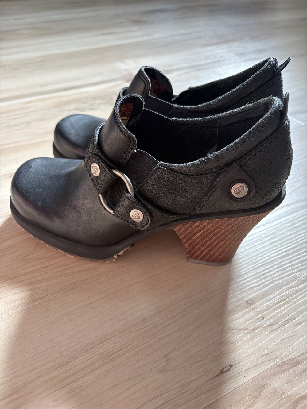 Vintage 90s London Underground Black Leather Chunky Wooden Heel Clogs 6.5